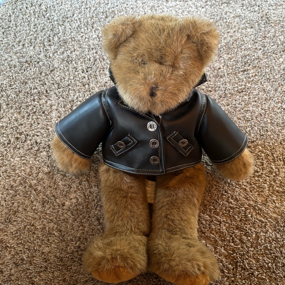 Brown Teddy Bear with Black Motorcycle Jacket